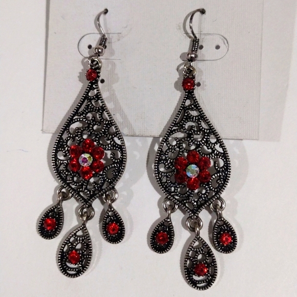 Red Crystal Drop Dangle Earrings – Filigree Fringe Design, Gold Women's Jewelry - Picture 3 of 10
